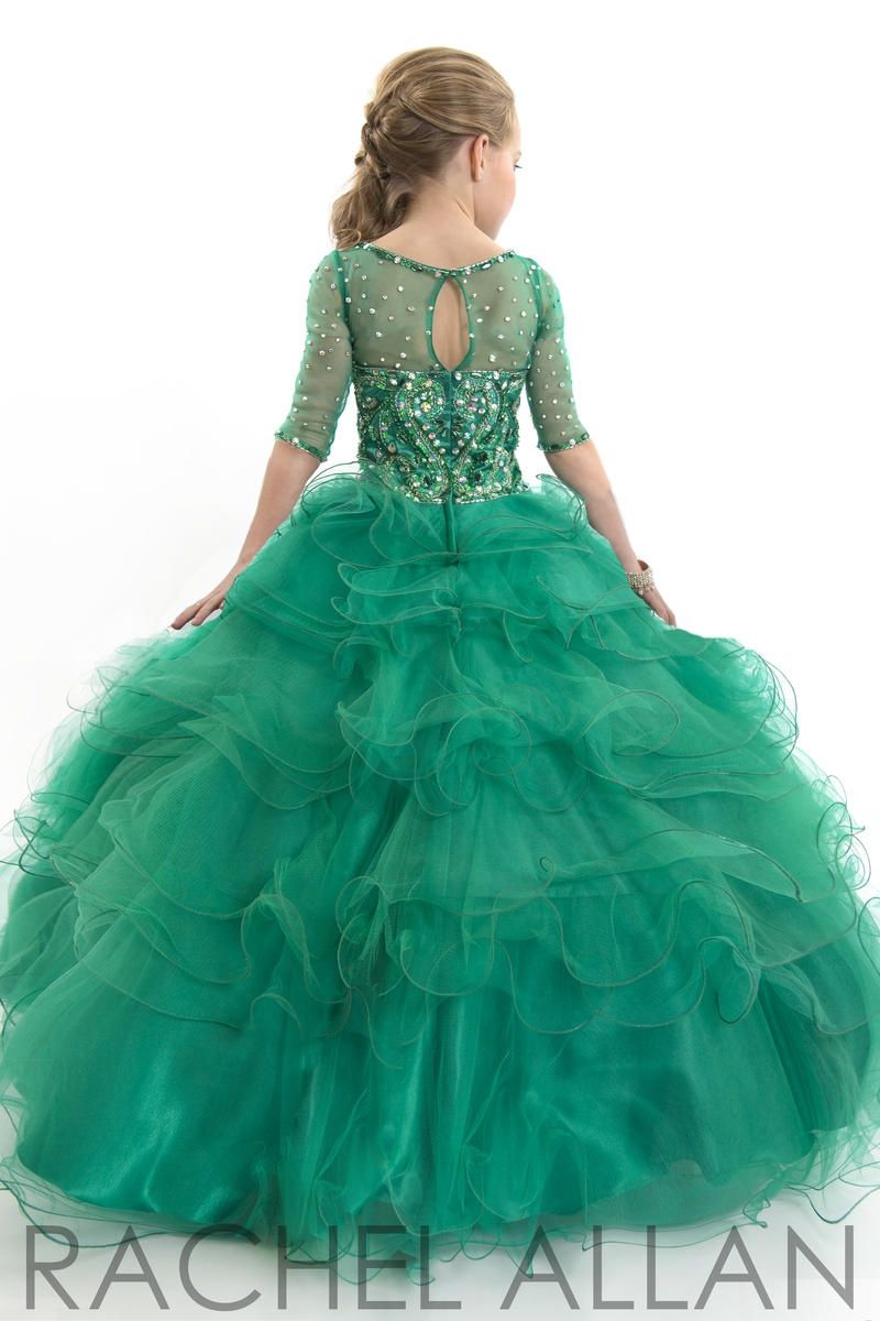 Style 1564 Rachel Allan Girls Size 8 Sheer Emerald Green Ball Gown on Queenly