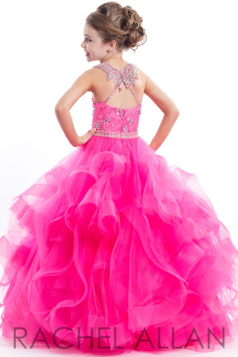 Style 1670 Rachel Allan Girls Size 6 Pageant Lace Hot Pink Ball Gown on Queenly