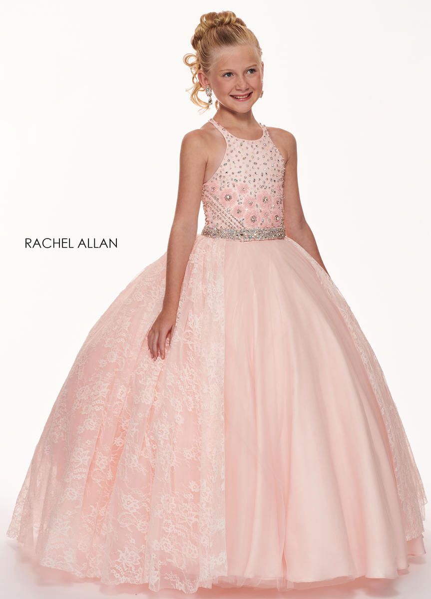 Style 1723 Rachel Allan Girls Size 6 Lace Light Pink Ball Gown on Queenly