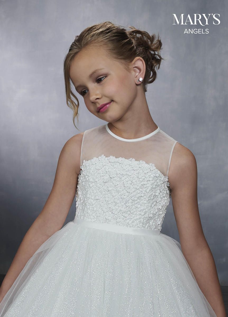 Style MB9045 Mary's Girls Size 10 Pageant Sheer White Ball Gown on Queenly