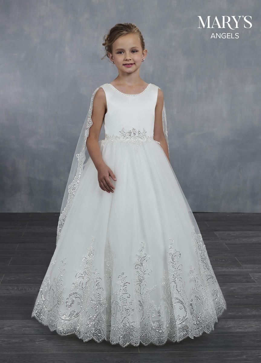 Style MB9046 Mary's Girls Size 6 Pageant Lace White Ball Gown on Queenly