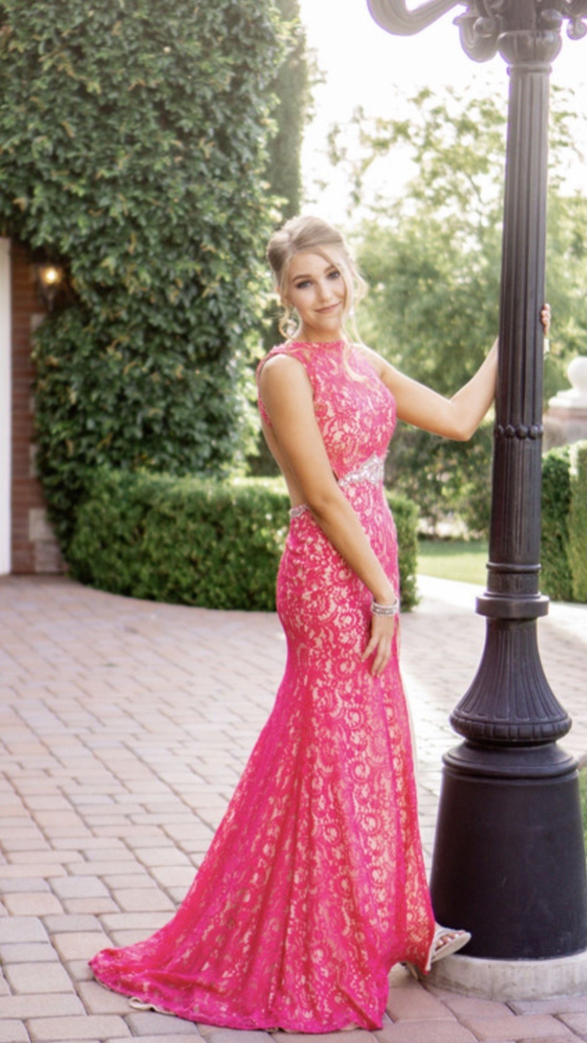 Size 2 Prom Lace Hot Pink Side Slit Dress on Queenly