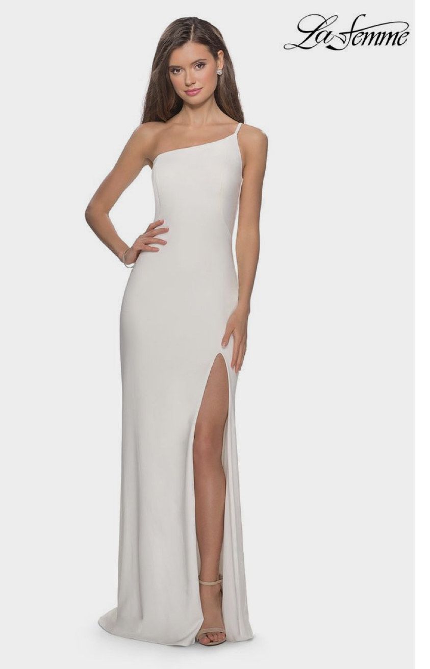 La Femme Size 10 Wedding One Shoulder White Floor Length Maxi on Queenly
