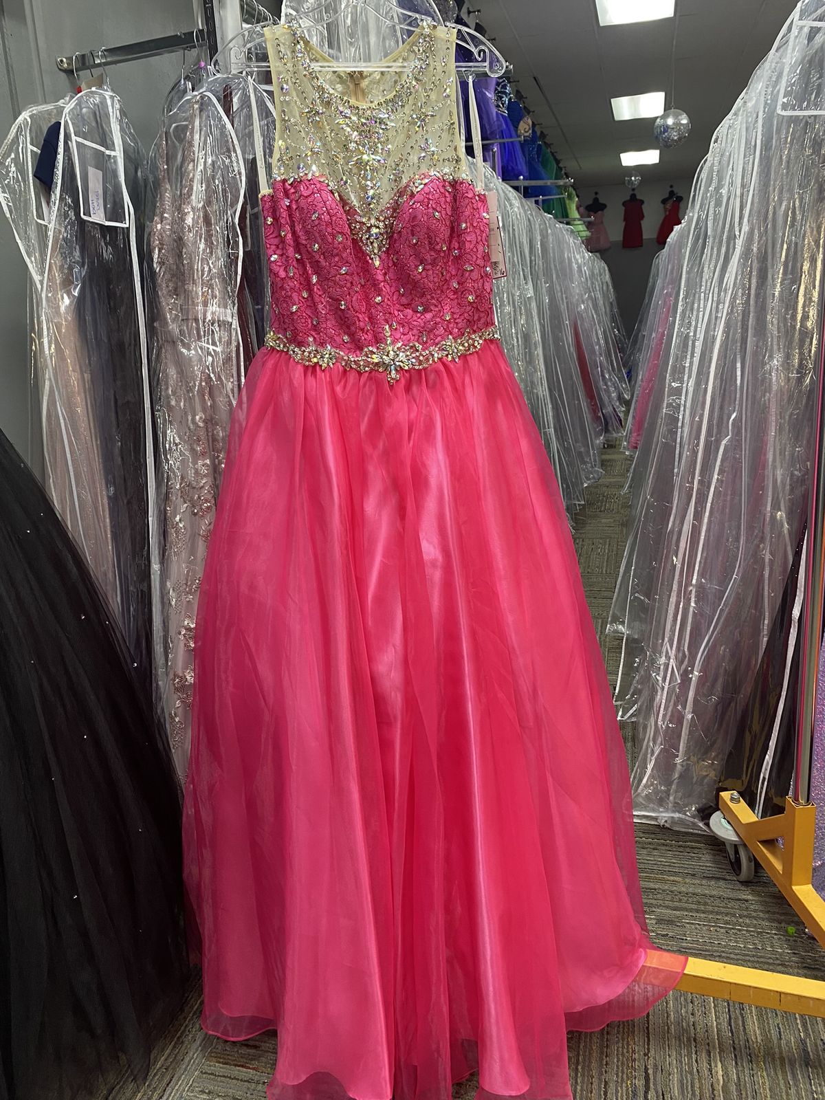 Style 16213 Envious Couture Plus Size 16 Prom Sheer Hot Pink Ball Gown on Queenly
