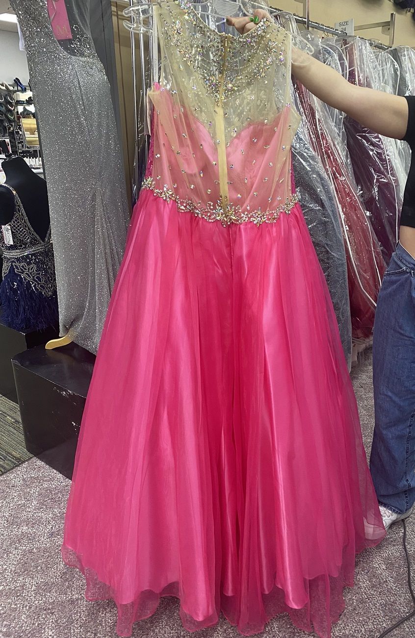 Style 16213 Envious Couture Plus Size 26 Prom Sheer Hot Pink Ball Gown on Queenly