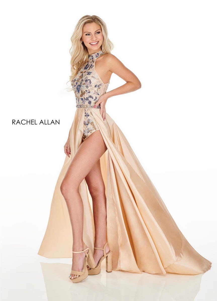 Style 7135 Rachel Allan Size 2 Pageant Halter Gold Formal Jumpsuit on Queenly