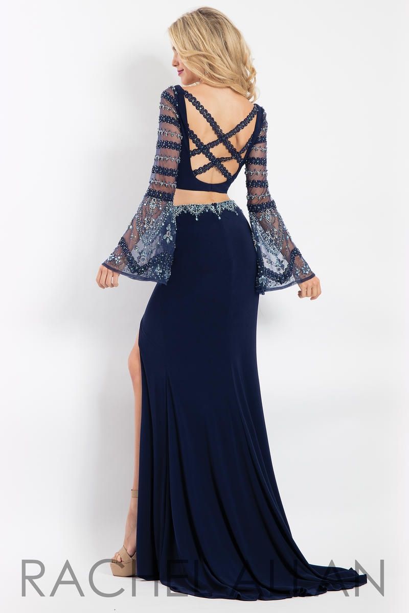 Style 6122 Rachel Allan Size 4 Prom Lace Navy Blue Side Slit Dress on Queenly