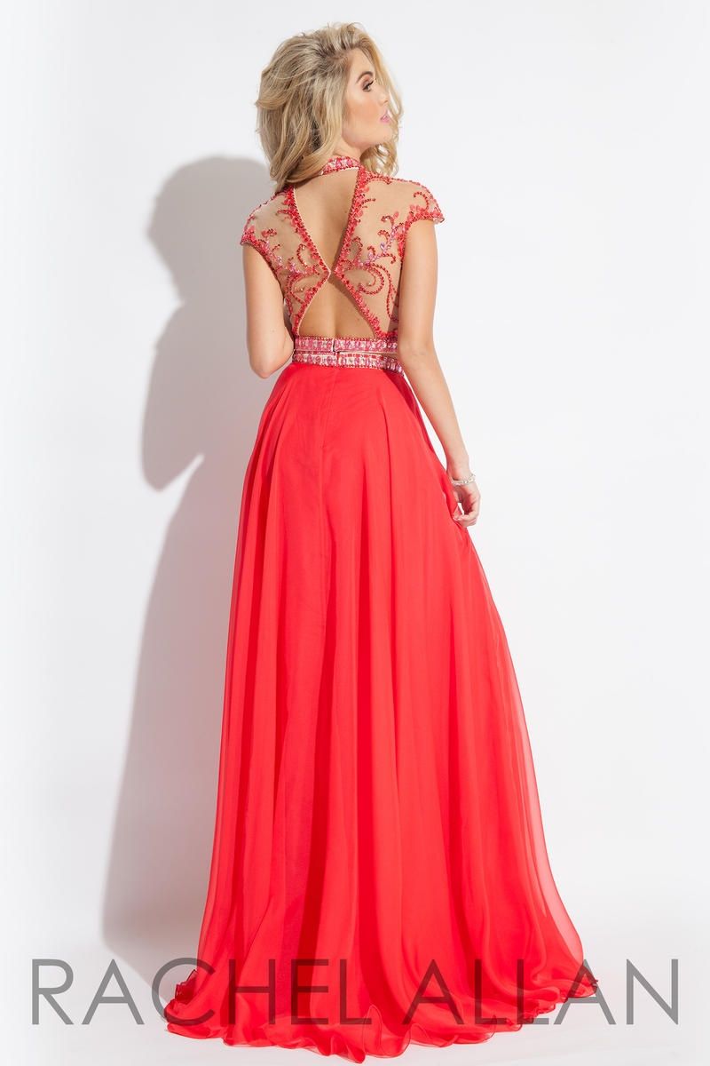 Style 2060 Rachel Allan Size 4 Prom High Neck Sheer Red Floor Length Maxi on Queenly