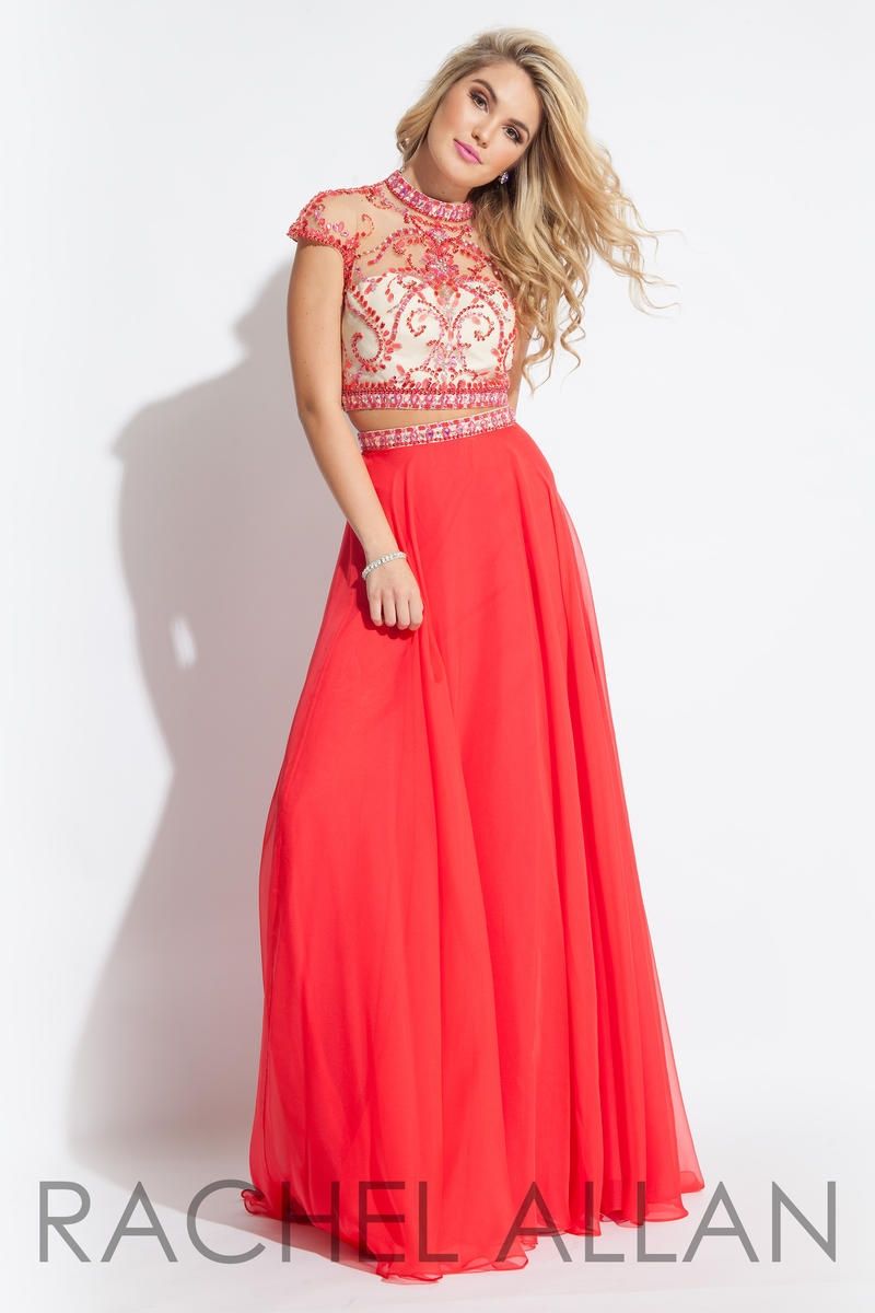 Style 2060 Rachel Allan Size 4 Prom High Neck Sheer Red Floor Length Maxi on Queenly