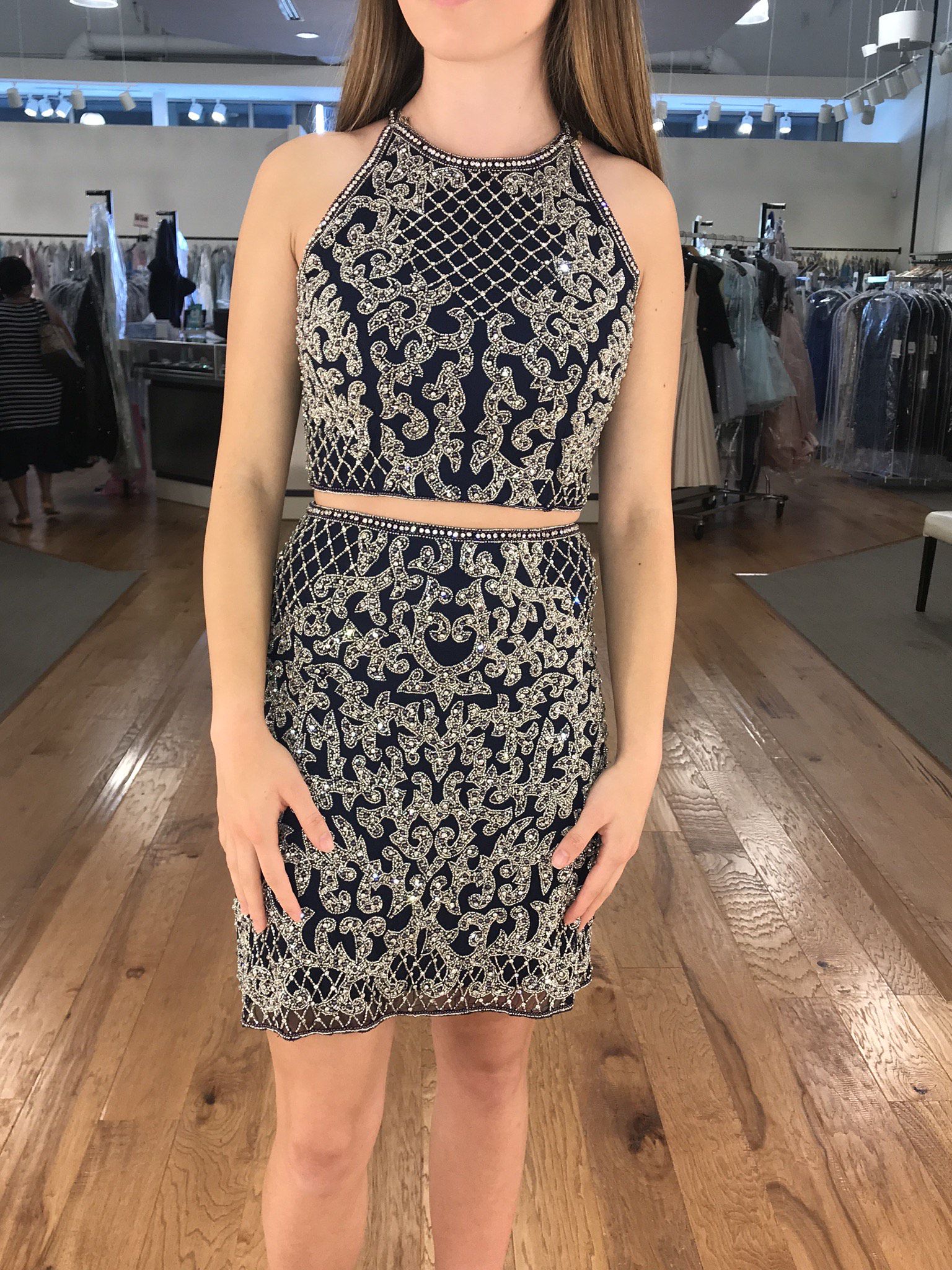 Sherri Hill Size 4 Homecoming Halter Sequined Navy Blue Cocktail Dress on Queenly