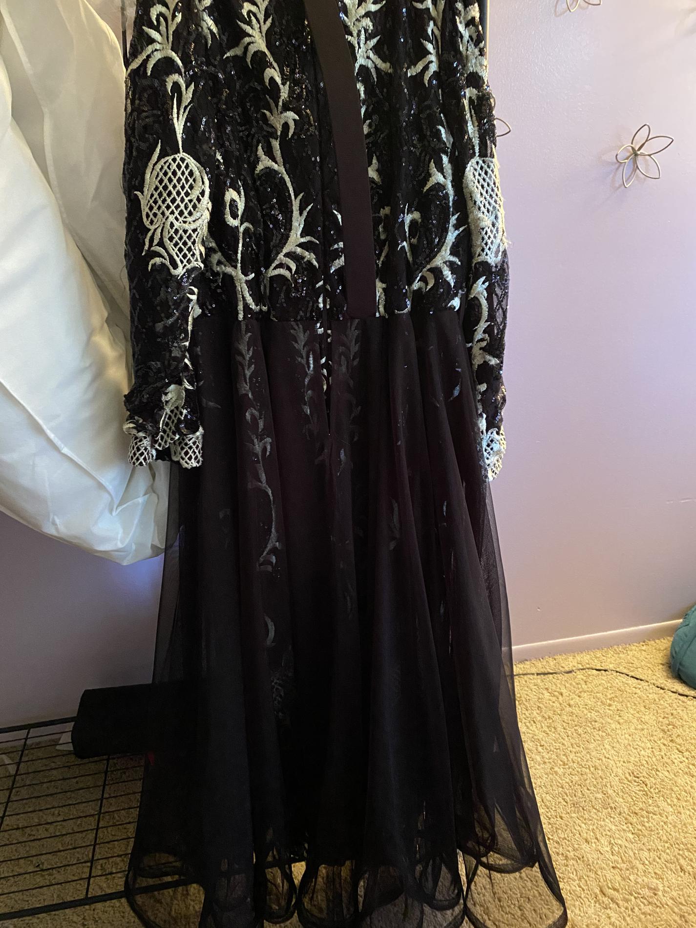 Size 12 Wedding Guest Long Sleeve Black Dress With Train on Queenly