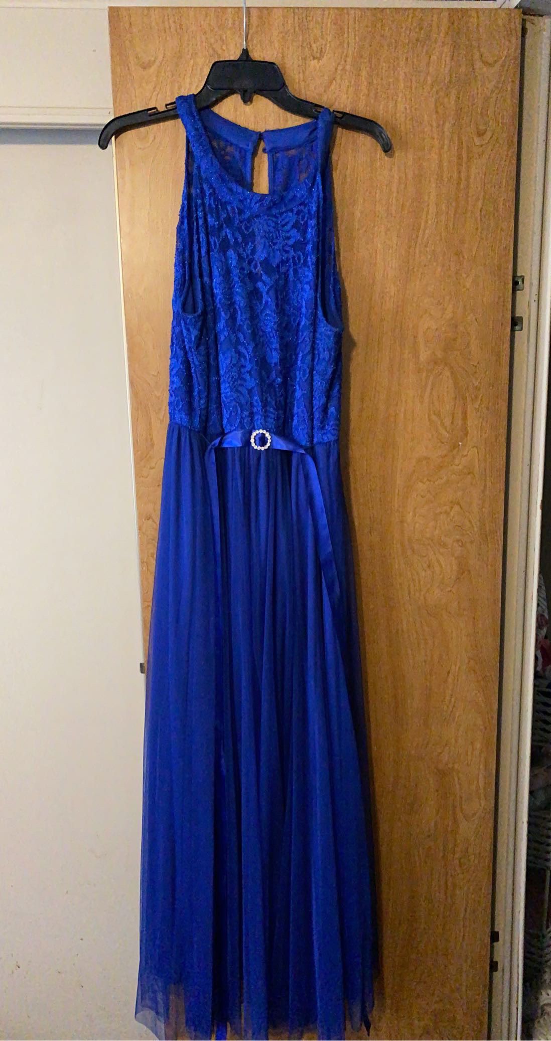 Plus Size 18 Prom Halter Lace Navy Blue Floor Length Maxi on Queenly