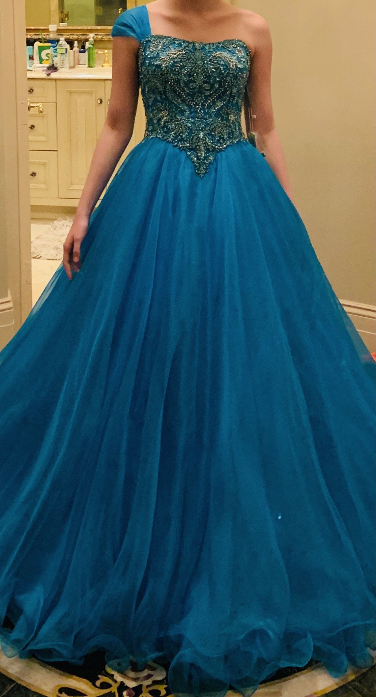 Sherri Hill Size 2 Pageant One Shoulder Turquoise Blue Ball Gown on Queenly