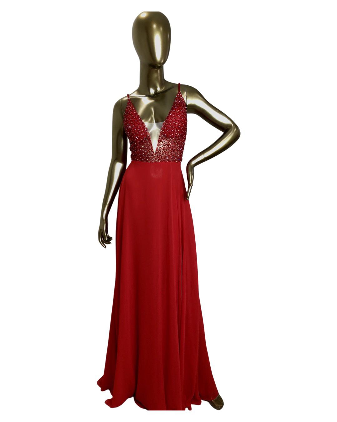 Jovani Size 6 Prom Plunge Sequined Red Side Slit Dress on Queenly