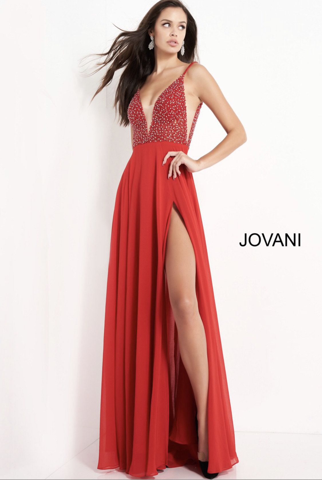 Jovani Size 6 Prom Plunge Sequined Red Side Slit Dress on Queenly