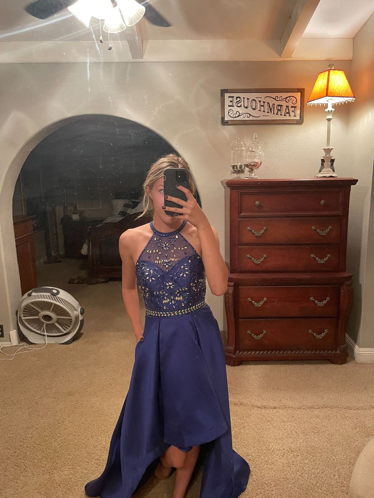 Size 4 Prom High Neck Sheer Royal Blue Dress With Train on Queenly