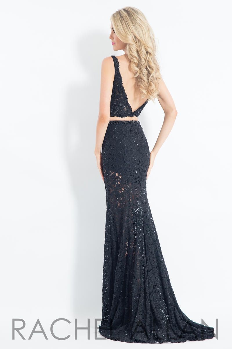 Style 6213 Rachel Allan Size 4 Prom Plunge Lace Black Mermaid Dress on Queenly