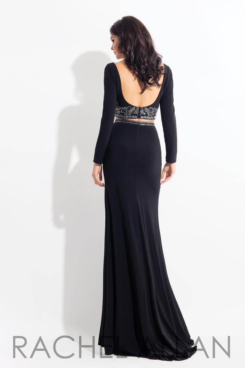 Style 6137 Rachel Allan Size 10 Prom Long Sleeve Black Side Slit Dress on Queenly
