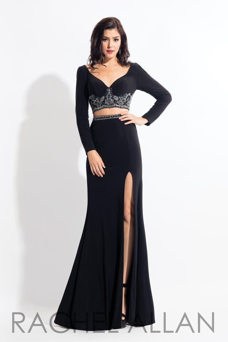 Style 6137 Rachel Allan Size 0 Prom Long Sleeve Black Side Slit Dress on Queenly