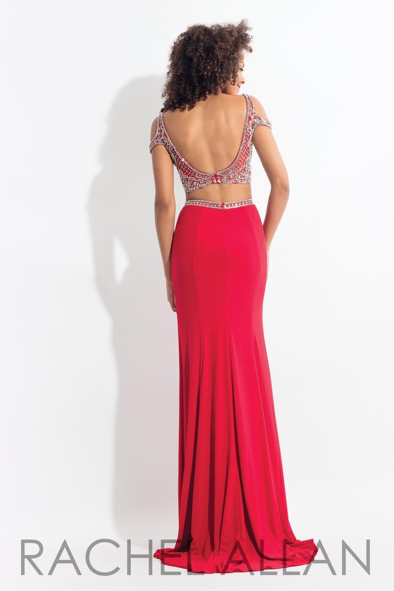 Style 6058 Rachel Allan Size 4 Prom Sequined Red Side Slit Dress on Queenly