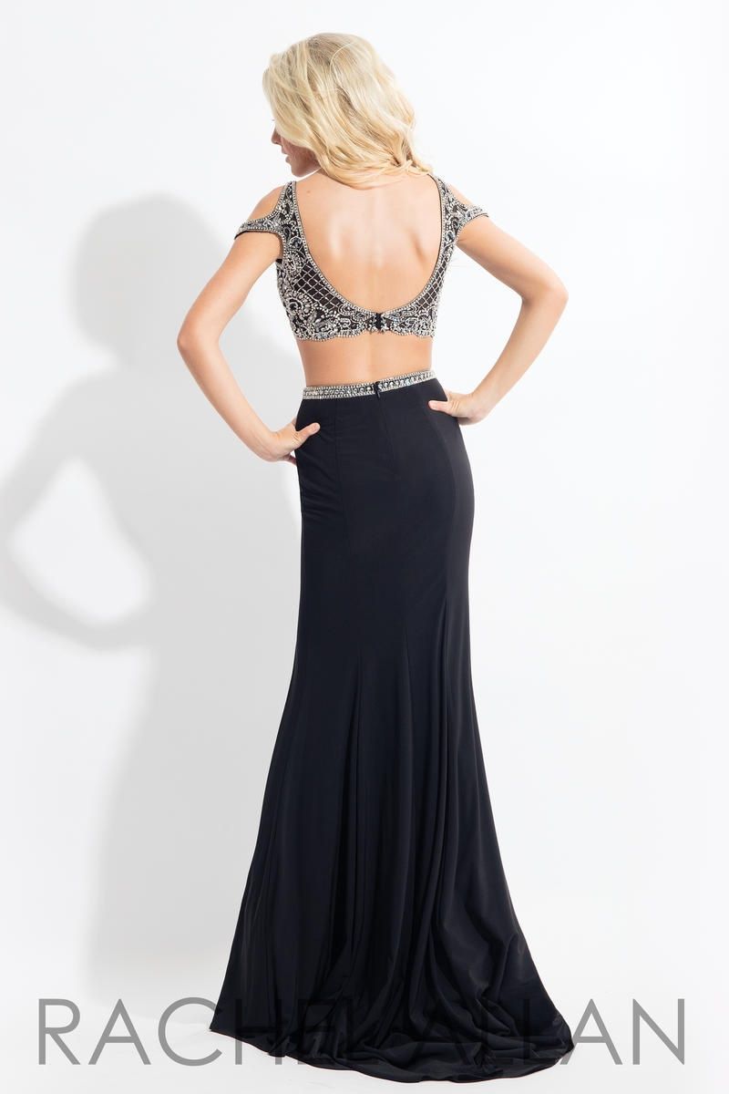 Style 6058 Rachel Allan Size 0 Prom Off The Shoulder Sequined Black Side Slit Dress on Queenly