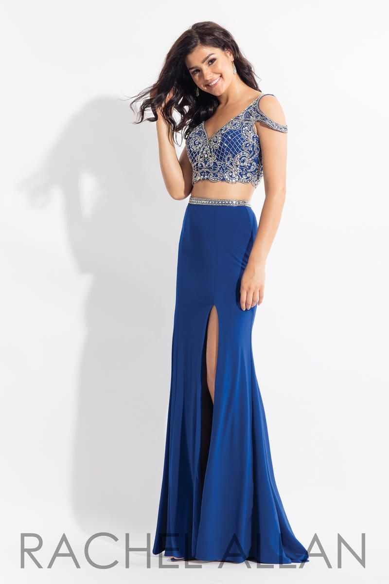 Style 6058 Rachel Allan Size 10 Prom Off The Shoulder Sequined Royal Blue Side Slit Dress on Queenly
