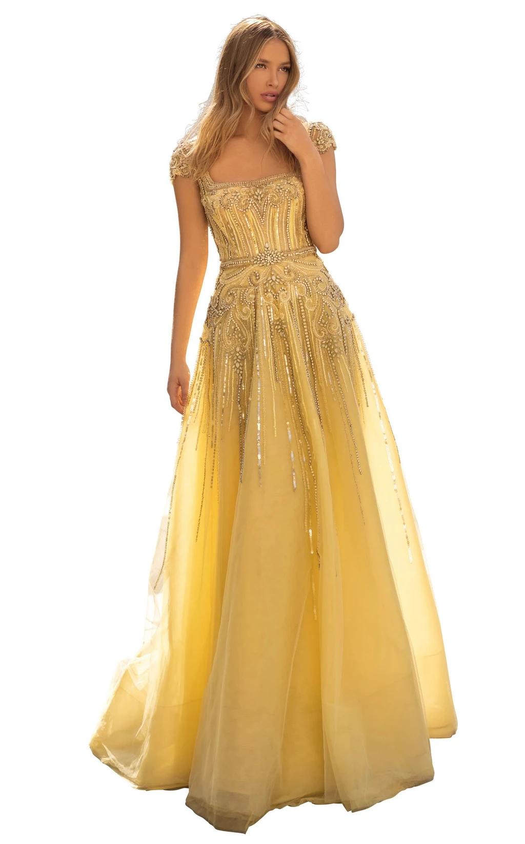 Tarik Ediz Size 4 Prom Cap Sleeve Yellow Dress With Train on Queenly