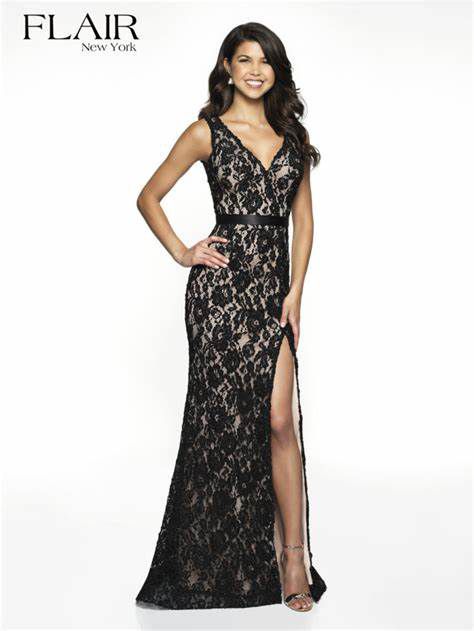 Style 19011 Flair Prom  Size 4 Prom Plunge Lace Black Side Slit Dress on Queenly