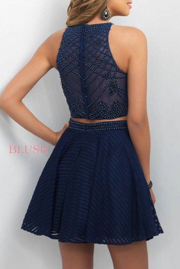 Style 225 Blush Prom Size 2 Homecoming High Neck Sheer Navy Blue Cocktail Dress on Queenly