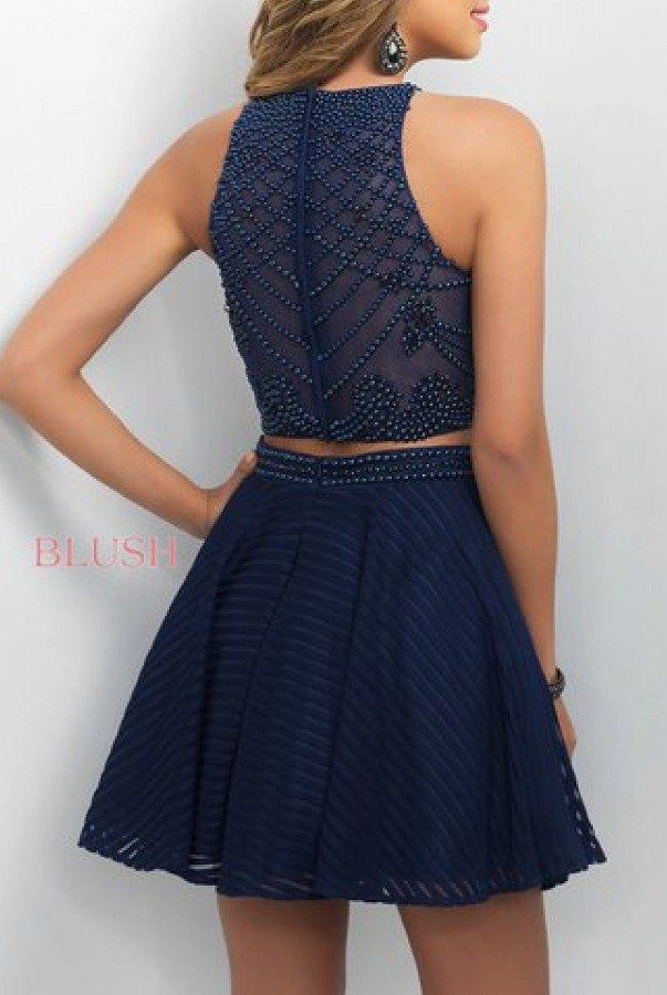 Style 226 Blush Prom  Blue Size 10 Beaded Top High Neck Tall Height Sheer Prom A-line Dress on Queenly