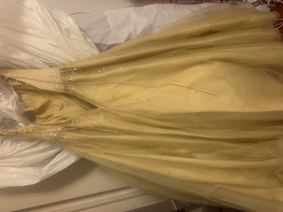 Night Moves Size 8 Prom Lace Gold Ball Gown on Queenly