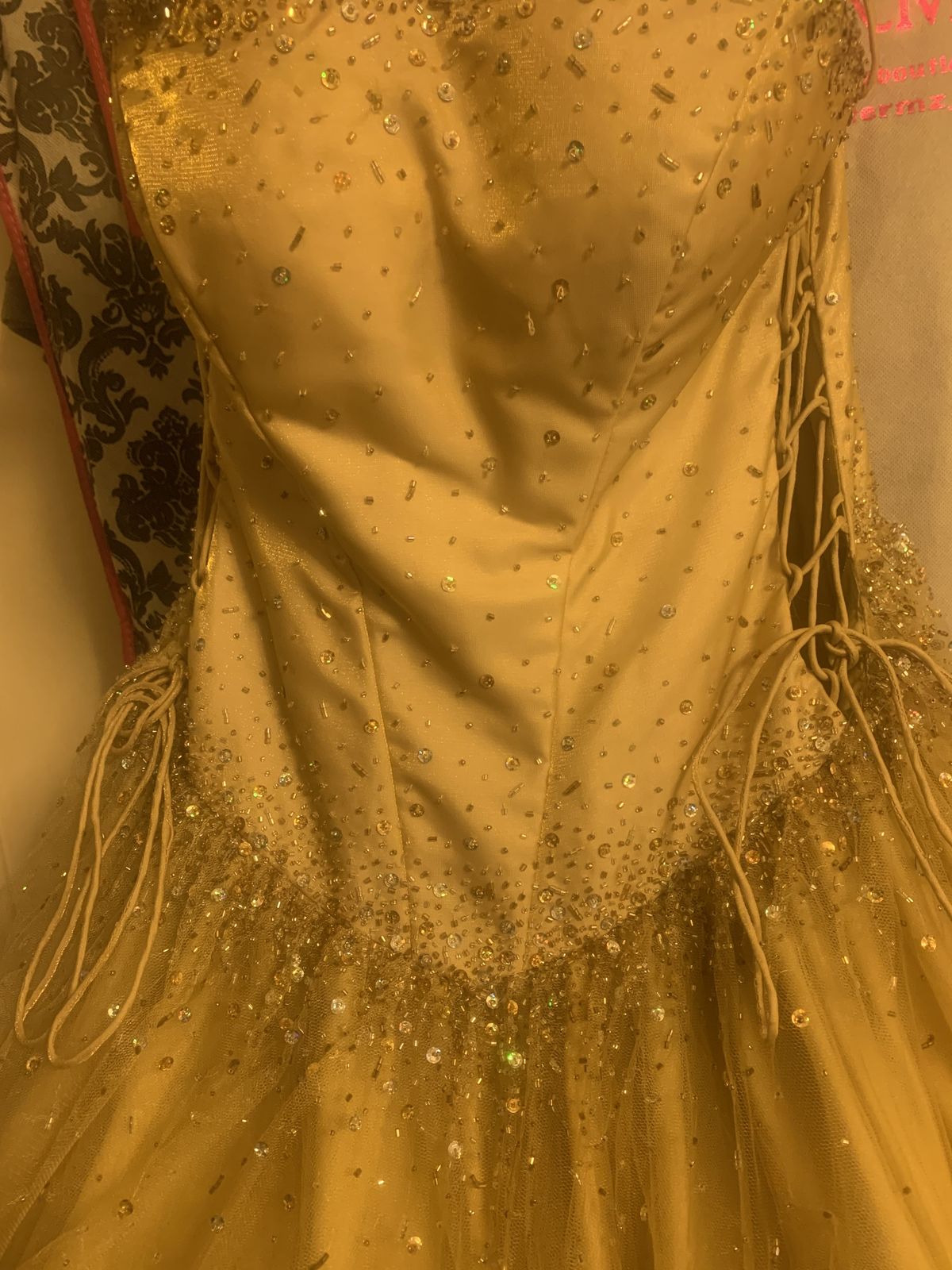 Night Moves Size 8 Prom Lace Gold Ball Gown on Queenly