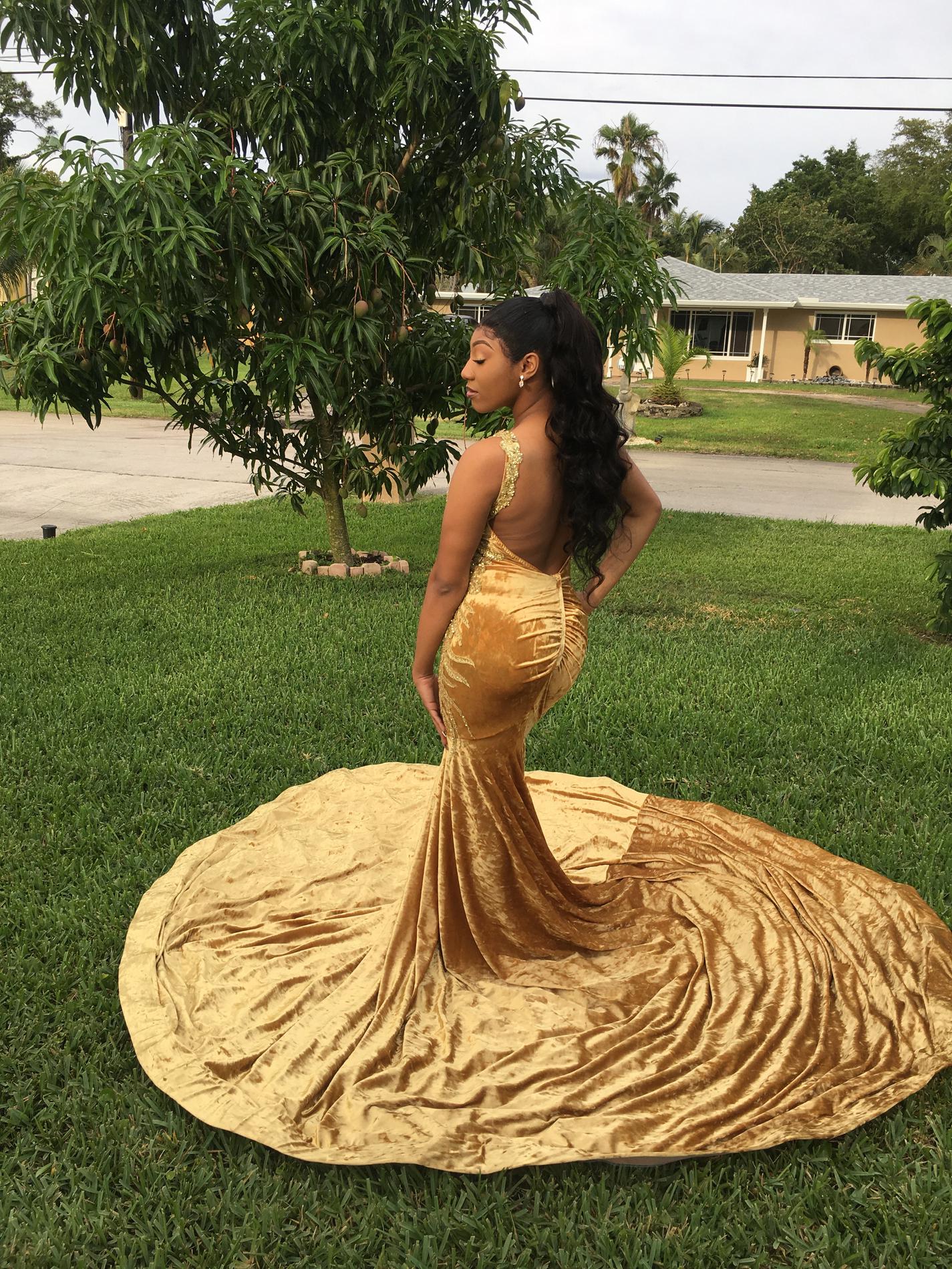 Size 10 Prom Velvet Gold Ball Gown on Queenly