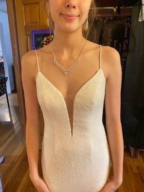 Always & Forever Size 2 Wedding Plunge Sequined White Dress With Train on Queenly