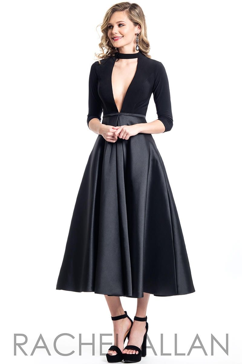 Style L1111 Rachel Allan Size 4 Homecoming Satin Black Cocktail Dress on Queenly