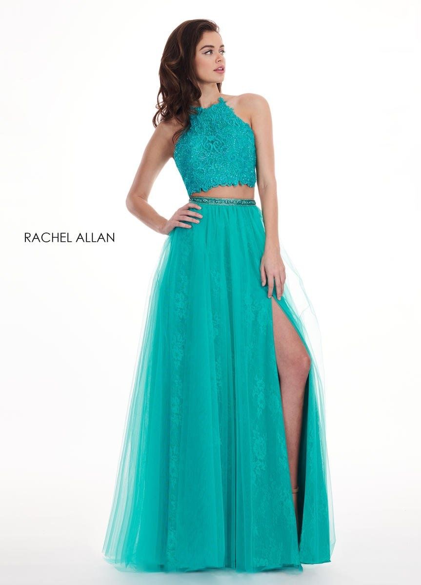 Style 6437 Rachel Allan Size 6 Prom Halter Lace Green Side Slit Dress on Queenly