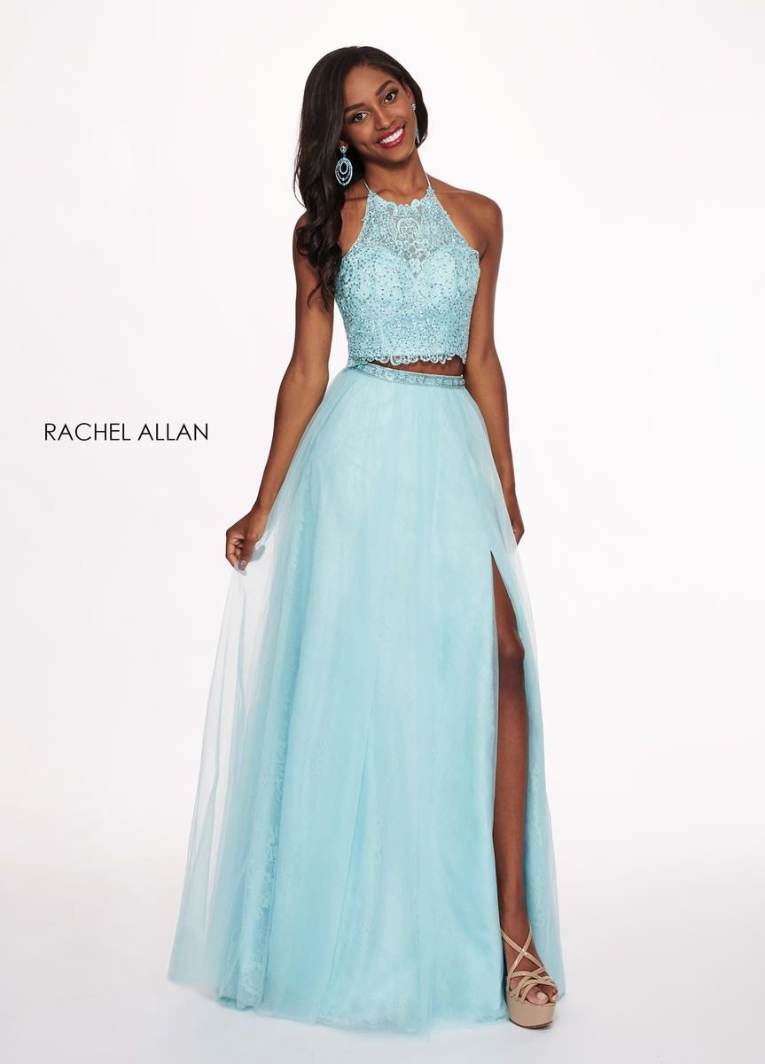 Style 6437 Rachel Allan Size 10 Prom Lace Light Blue Side Slit Dress on Queenly