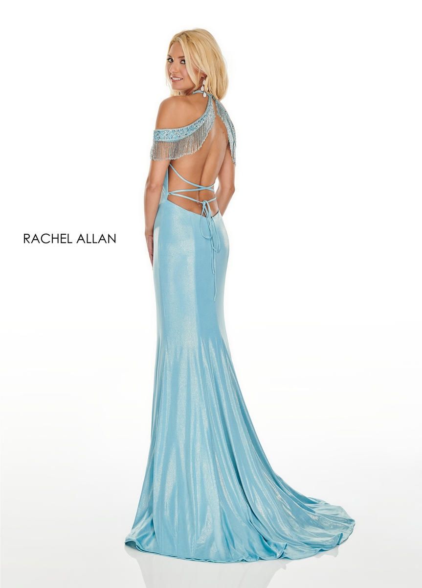 Style 7091 Rachel Allan Size 6 Prom Off The Shoulder Light Blue Side Slit Dress on Queenly