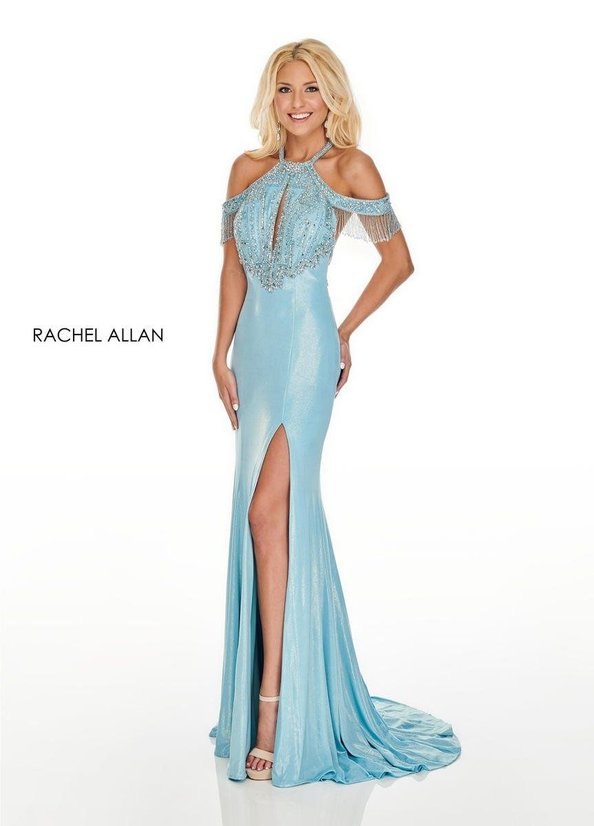 Style 7091 Rachel Allan Size 6 Prom Off The Shoulder Light Blue Side Slit Dress on Queenly