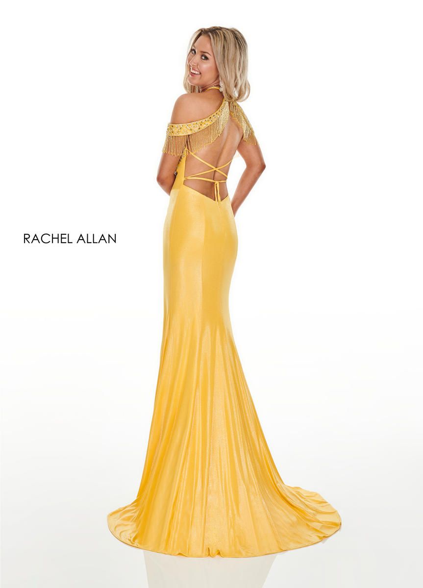 Style 7091 Rachel Allan Yellow Size 2 Tall Height Cut Out Fringe Prom Side slit Dress on Queenly