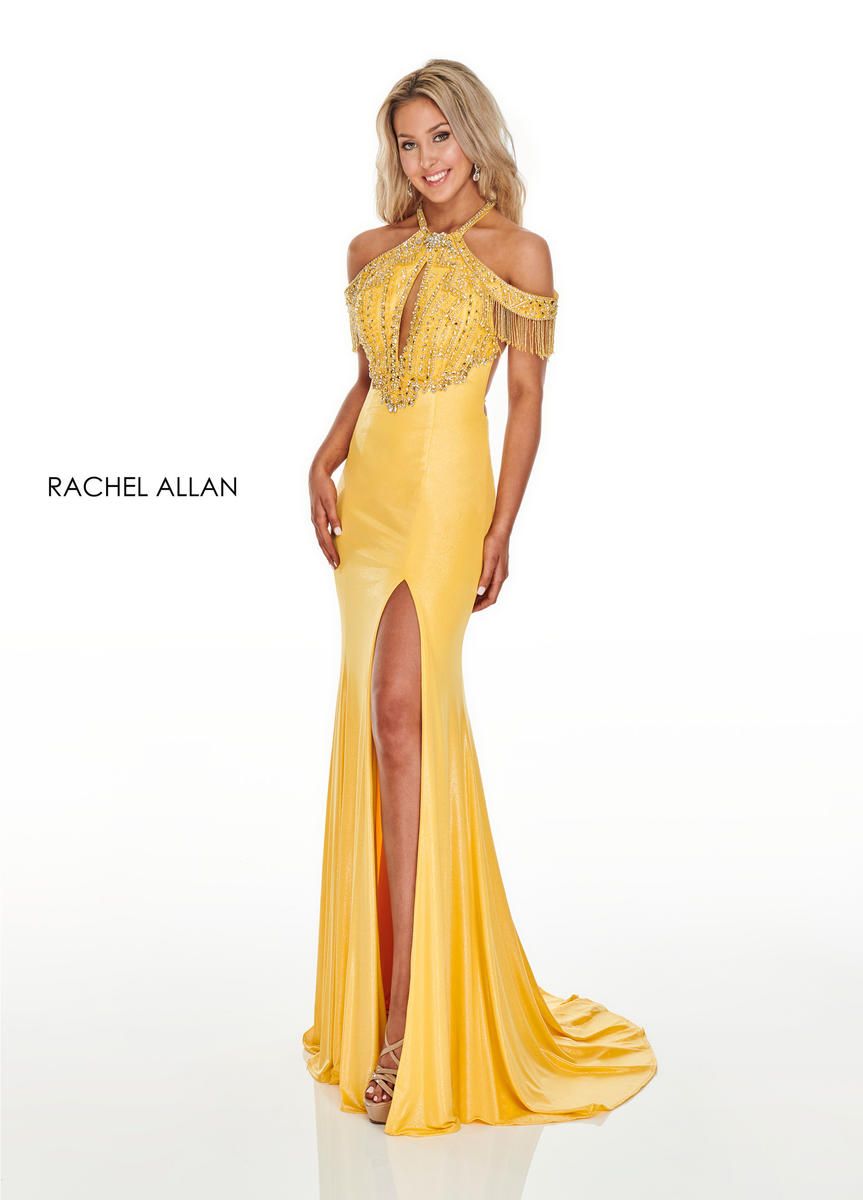 Style 7091 Rachel Allan Yellow Size 2 Tall Height Cut Out Fringe Prom Side slit Dress on Queenly