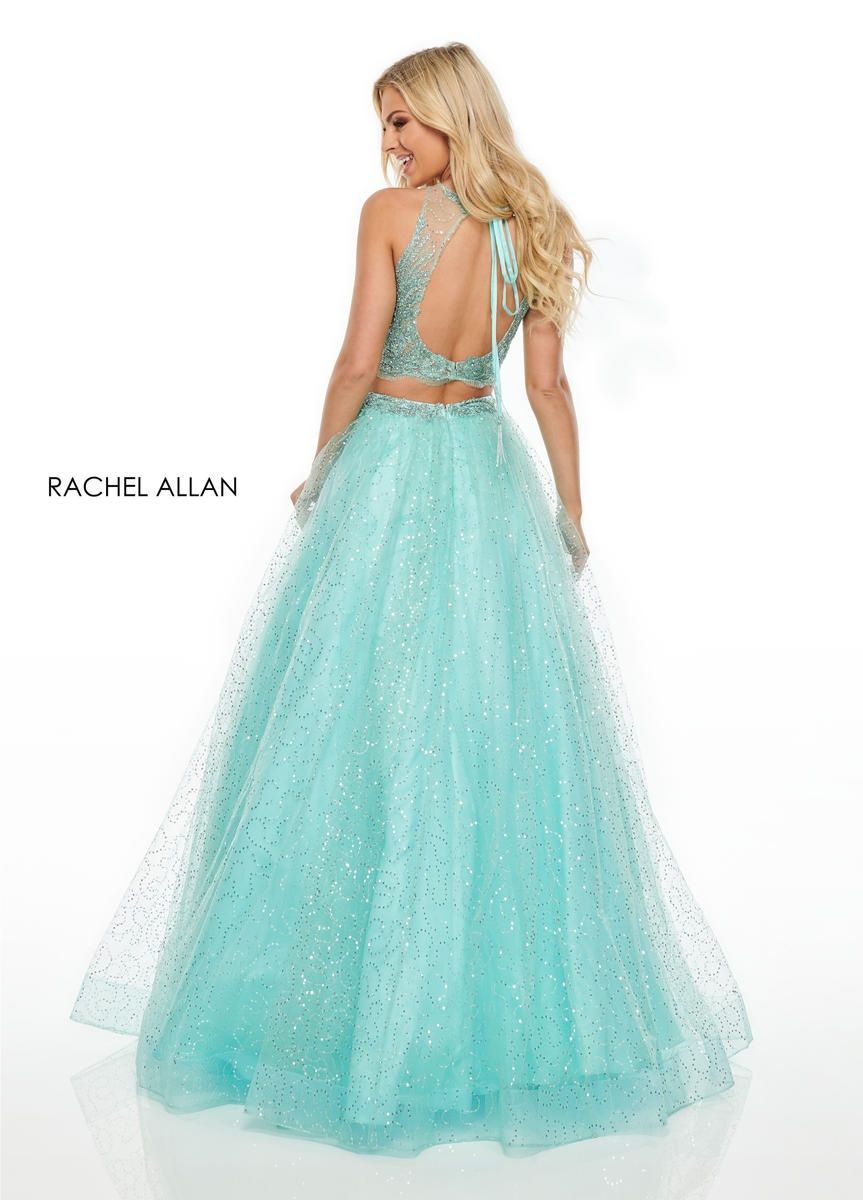Style 7025 Rachel Allan Size 8 Prom Halter Lace Light Blue Ball Gown on Queenly