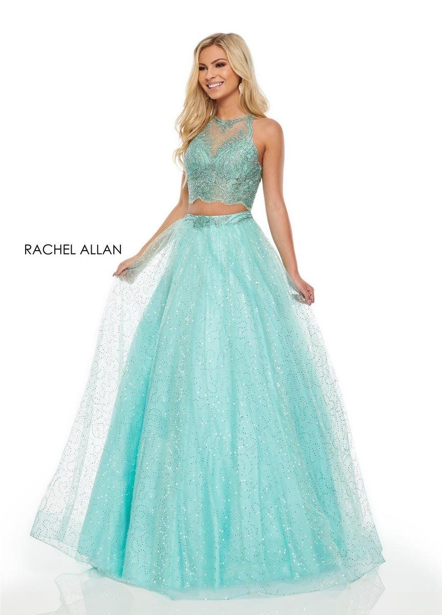 Style 7025 Rachel Allan Size 8 Prom Halter Lace Light Blue Ball Gown on Queenly