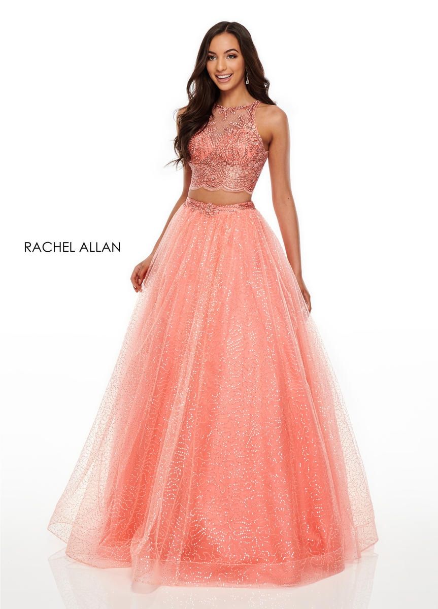 Style 7025 Rachel Allan Size 0 Prom Halter Lace Coral Ball Gown on Queenly