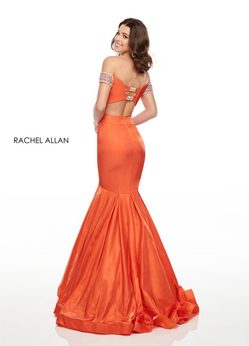 Style 7016 Rachel Allan Size 2 Prom Satin Orange Mermaid Dress on Queenly
