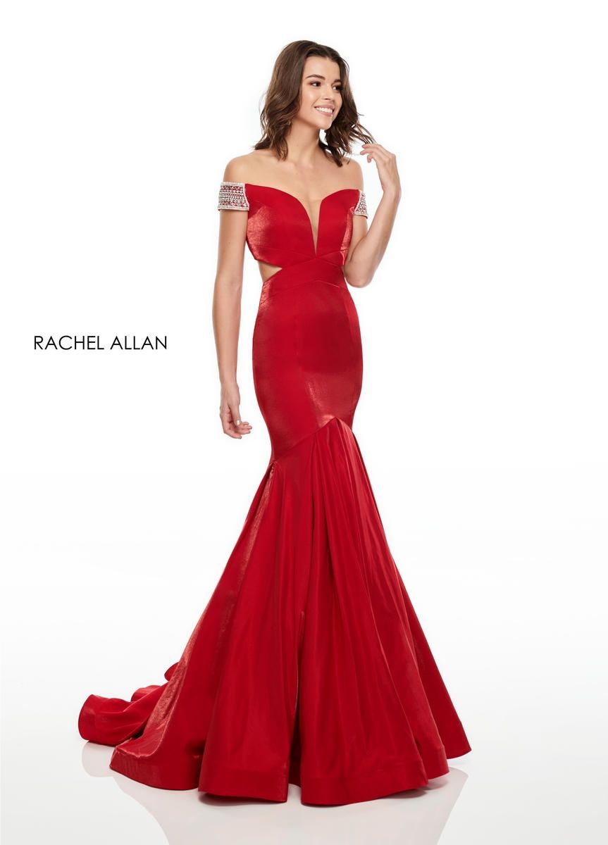 Style 7016 Rachel Allan Size 10 Prom Off The Shoulder Satin Blue Mermaid Dress on Queenly