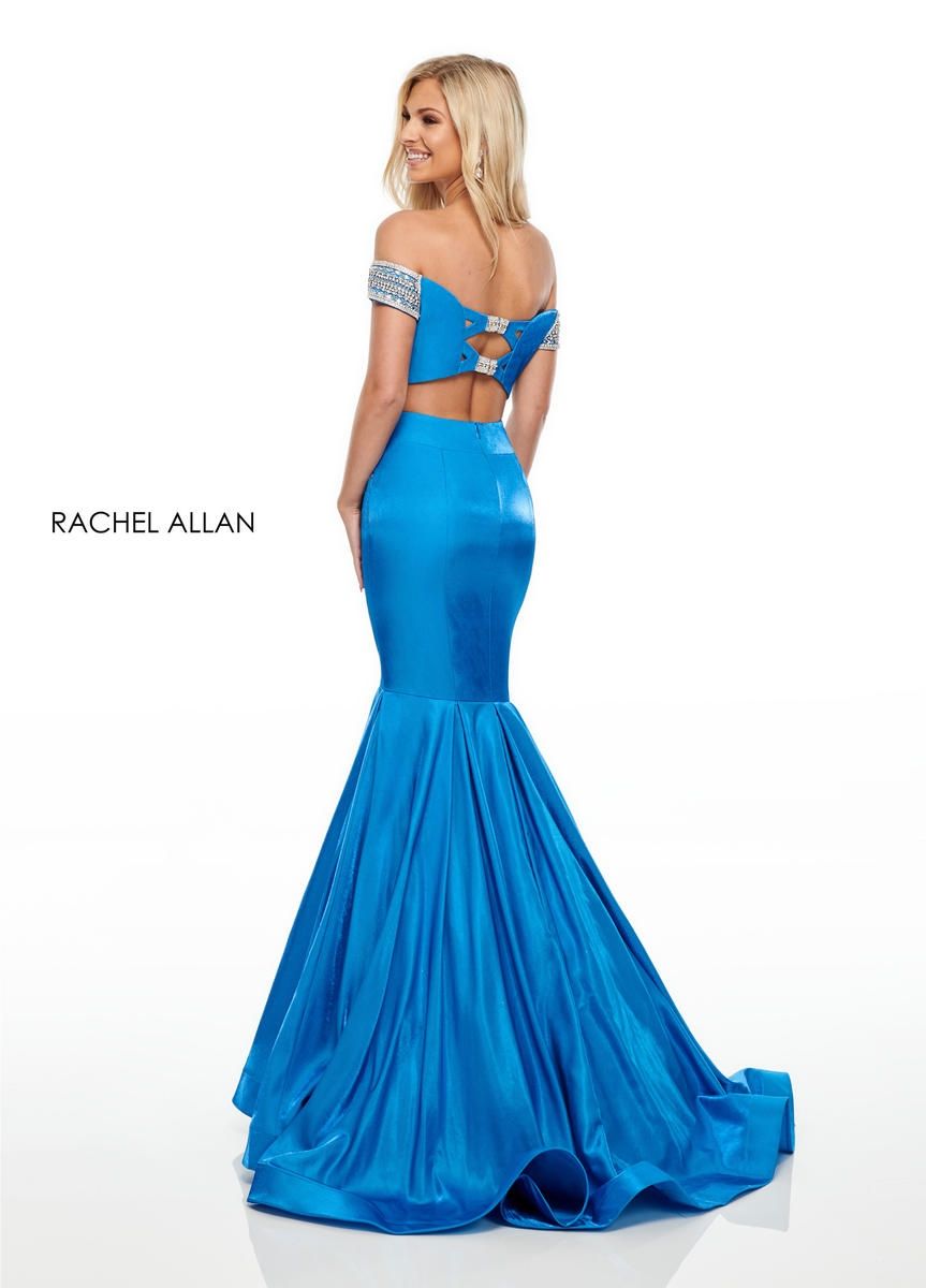 Style 7016 Rachel Allan Size 10 Prom Satin Blue Mermaid Dress on Queenly