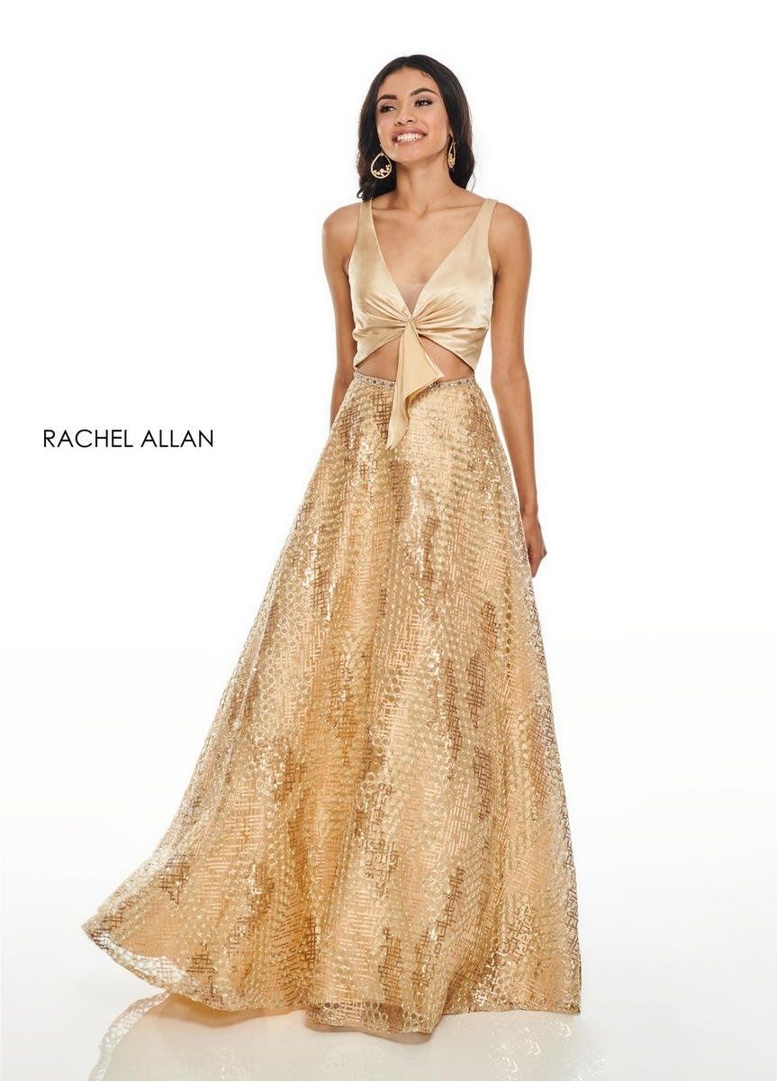 Style 7031 Rachel Allan Size 6 Prom Plunge Satin Gold Ball Gown on Queenly
