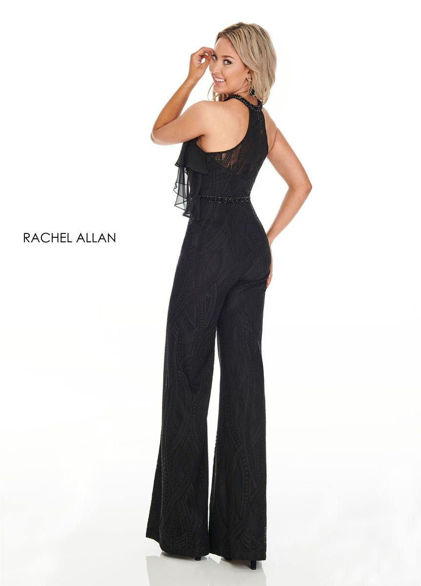 Style L1265 Rachel Allan Size 10 Pageant Interview Halter Lace Black Formal Jumpsuit on Queenly