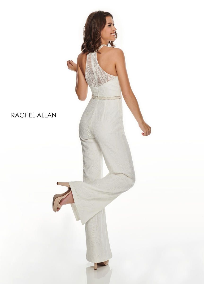 Style L1265 Rachel Allan Size 2 Homecoming Halter Lace White Formal Jumpsuit on Queenly